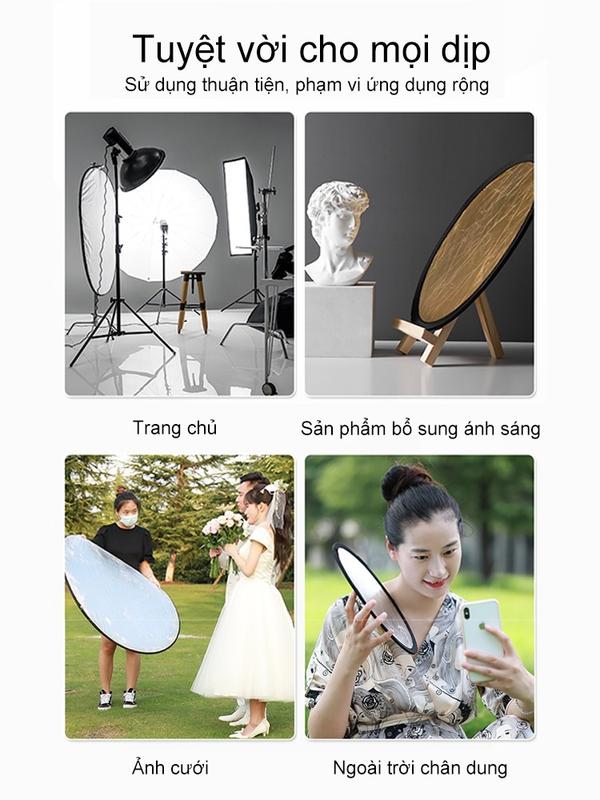 Tấm Hắt Sáng 2in1 Tròn Kích Thước 60/80/110cm - Phản Xạ Vàng Bạc - Giá Đỡ Hình Chữ T - Chất Lượng Tốt - Phụ Kiện Chụp Ảnh Camera 4