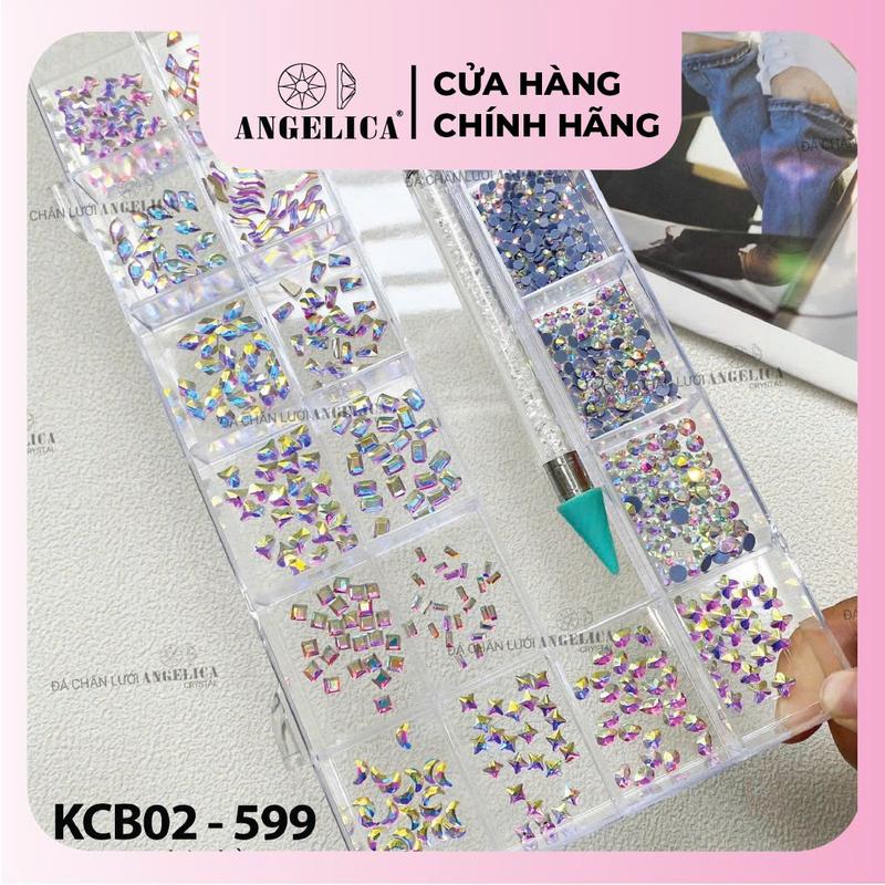 Khay 20 ô Khoảng 375v Đá Chân Bằng + 1000v Đá Chân Lưới Đá Đính Mó.ng Cao Cấp ANGELICA Phụ Kiện Nail Chính Hãng KCB-599 Nữ Women Sơn Gel