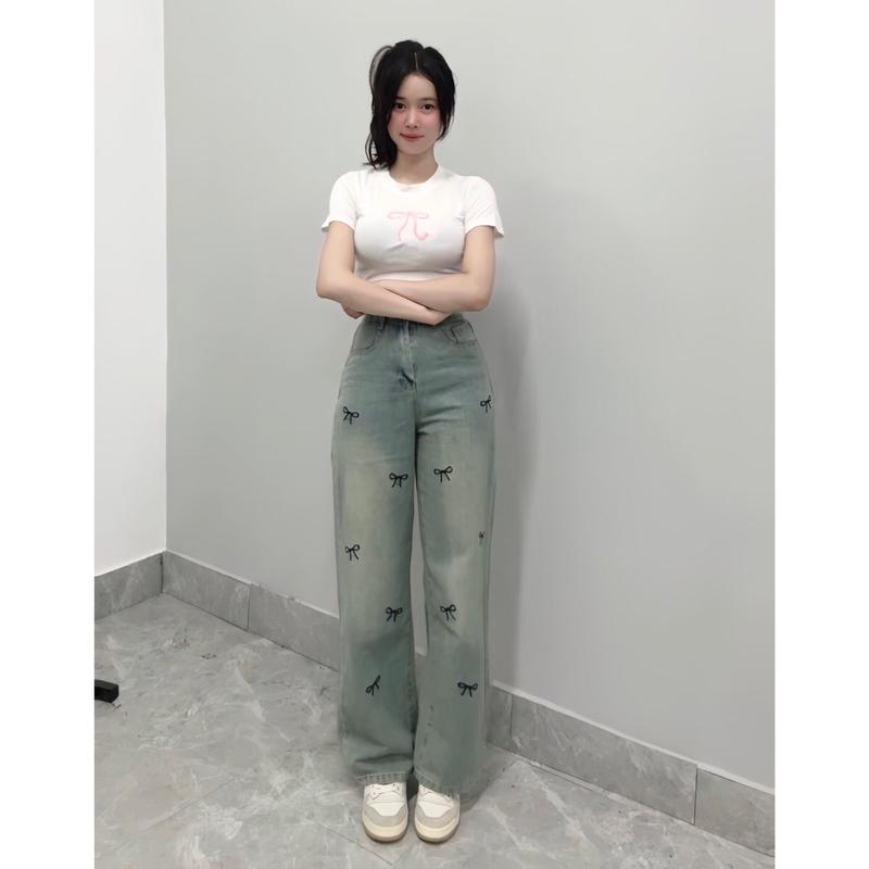 (SUÔNG NẤM LÙN) QUẦN JEANS NỮ THÊU NƠ FULL MÀU XANH DƠ SIÊU XINHH cạp cao lưng cao ( 2 loại 90cm và 100cm ) quầnbònữ Women Pants quansuong namlun Có Túi