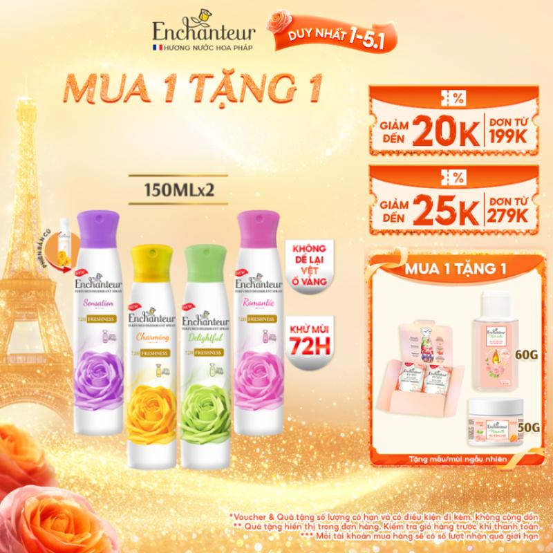 DUY NHẤT 1-5.1 MUA 2 ĐƯỢC 3 Combo 2 Xịt Khử Mùi Nước Hoa Enchanteur Charming Sensation Delightful Romantic Magic 150ml chai