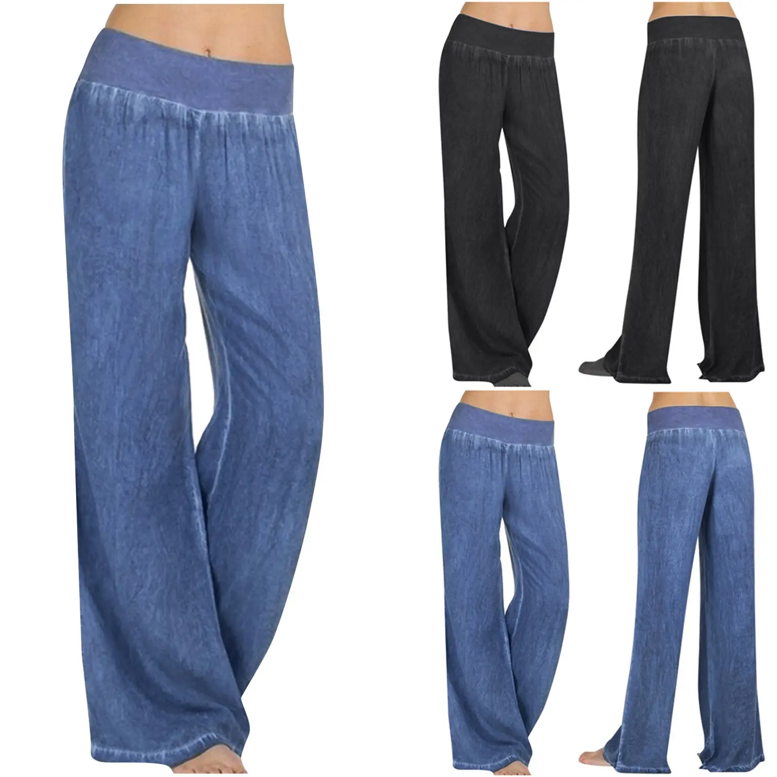 Women's casual pants elastic waist solid color imitation denim pants, 2024 vital satin bootcut straight cut cargo pants slacks