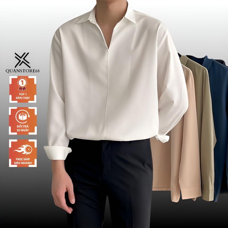 Áo sơ mi nam cổ V hàn quốc form rộng không cúc, Áo sơ mi cổ vest dài tay vải lụa chống nhăn nhiều màu SMV Menswear Shirt Nhung Đen