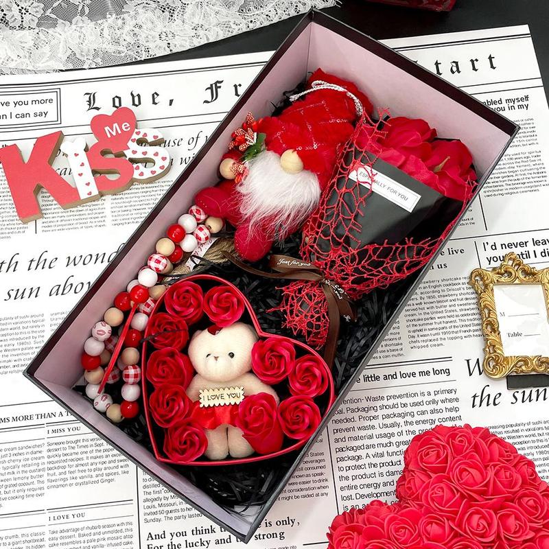 Product Introduction of Valentine's Day Gift Box, 1 Set Including Wooden Bead Necklace, Gnome Doll, Rose Bouquet & Bear Gift Box, Gifts for Women, Mother's Day Gift 7