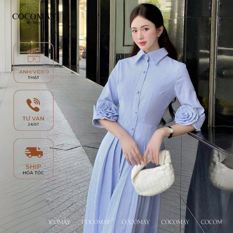 COCOMAY - STRIA dress - Đầm sơ mi phối tay đính hoa < Màu kẻ sọc xanh - màu trắng kem >