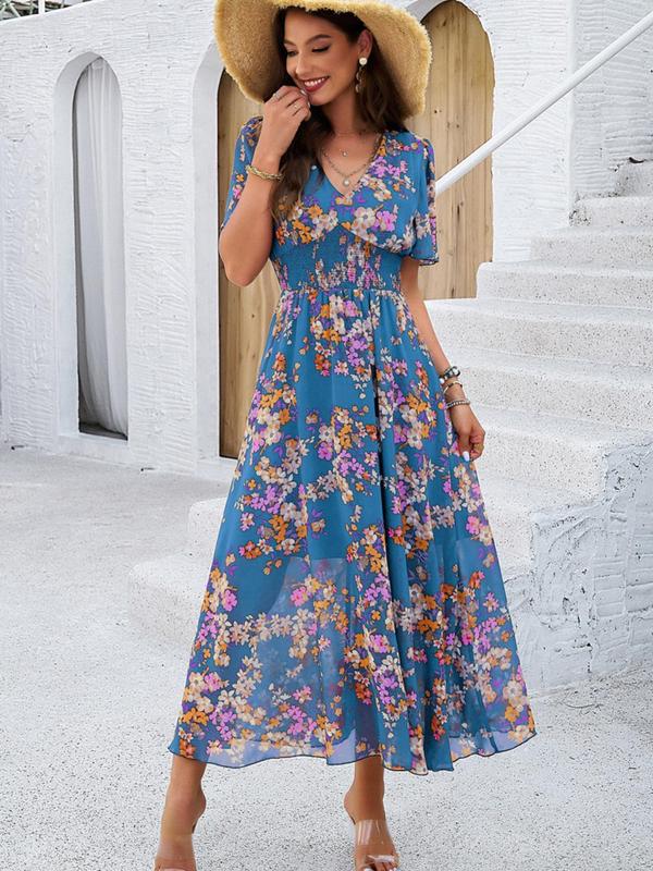 Women's Floral Print Shirred V Neck A Line Dress, Boho Fashion Short Sleeve Long Dress for Beach Vacation Holiday Wedding Guest, Ladies Dress for Summer 6