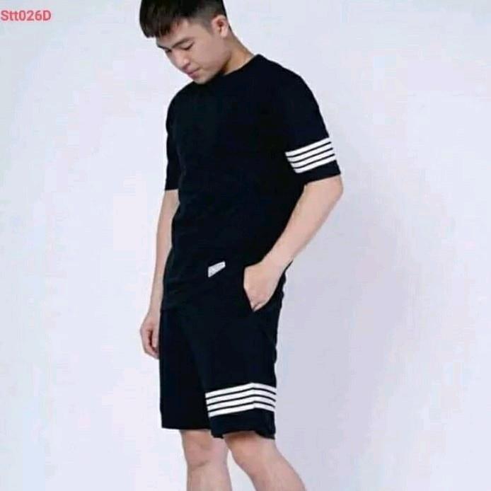 Đồ bộ Đùi Nam Nữ Ngắn Tay Kẻ 3 Sọc Có 3 Màu Quần Lưng Thun Có Dây Rút Chất Thun Mè Co Giãn Thoải Mái Size Từ 30-75kg Áo Đen Menswear 3