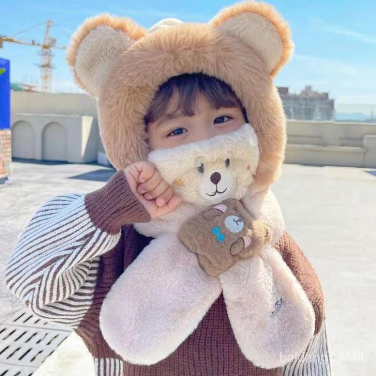 Mũ Len hình cún nâu 3in1 kèm khăn và khâu trang Cho Bé, Mũ lông trùm đầu liền khăn cổ giữ ấm cho bé