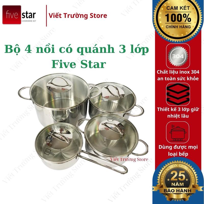 Bộ nồi 3 lớp đáy liền inox 304 FPB4006 Fivestar Plus quai oval nắp kính