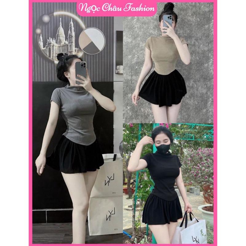(Dưới 55kg) Set áo tay ngắn cổ lọ vạt bầu phối chân váy ngắn xếp ly lưng thun có quần trong 3 màu nu, xám, đen