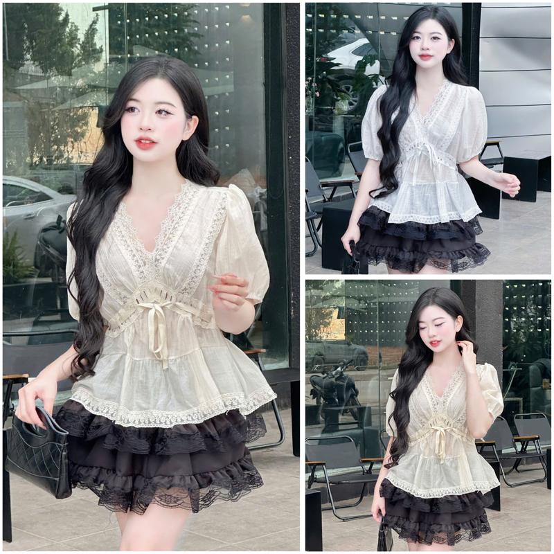 Sét bộ áo Thiểu thư cộc tay cổ V Mix Dây Đan Thắt Eo Kemc Chân Váy Tầng Xoè Trẻ TRung 0