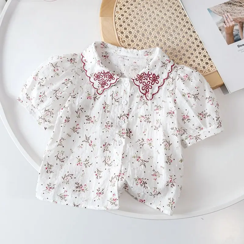 Áo Sơ Mi Ngắn Tay Cho Em Bé Gái, Thời Trang Mới Mùa Hè 2025, Áo Sơ Mi Cotton Nguyên Chất, Thoáng Khí, Áo Thêu Mỏng, Thời Trang