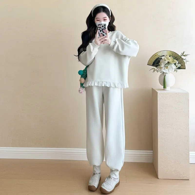 Set nỉ sweater be phối vạt ren form rộng peonyb - Bộ đồ thu đông quần dài mix áo swt cổ tròn kiểu dáng oversize đường phố hotgirl hàn quốc đẹp 2