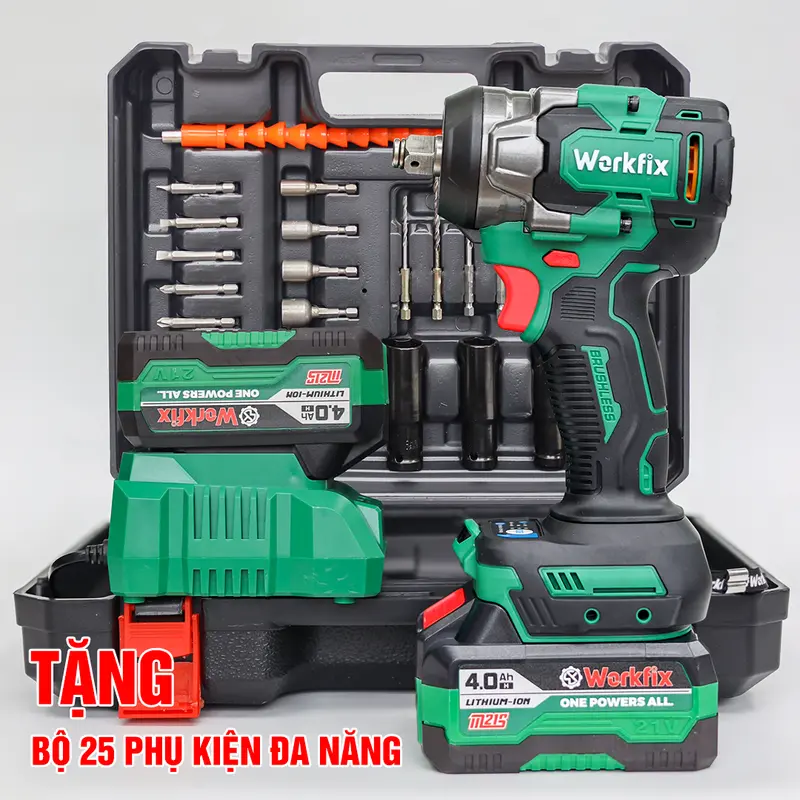 [ Tặng 25 phụ kiện] Máy Siết Bulong Workfix 470N.m - Đa Năng 2 In 1 - IW470NBL - Motor Brushless - Chân Pin Phổ Thông 2 Pin 21V/4Ah - Bảo Hành Chính Hãng 2