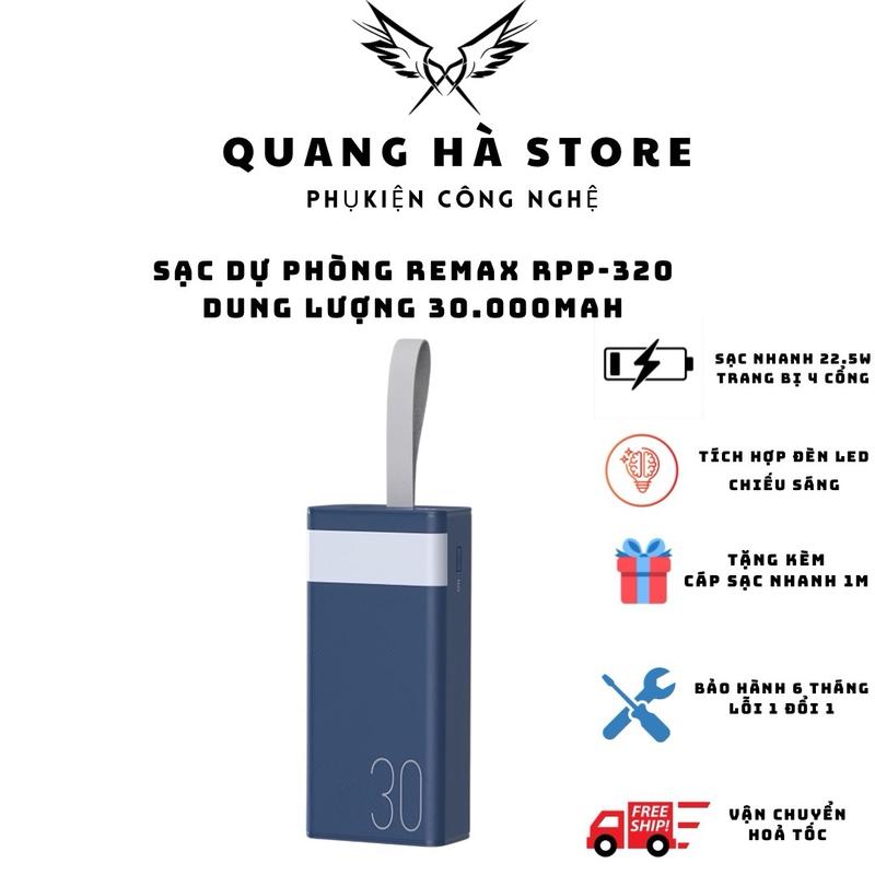  Pin sạc dự phòng sạc nhanh Remax RPP320 dung lượng 30000mAh tích hợp đèn pin chiều sáng hỗ trợ sạc nhanh QC 22.5 và PD 20W cục dự phòng 
