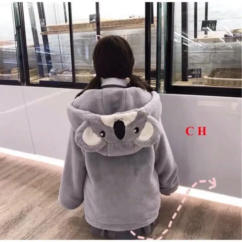 Áo lông mũ chuột xám thêu, áo khoác lông hàn quốc ulzzang