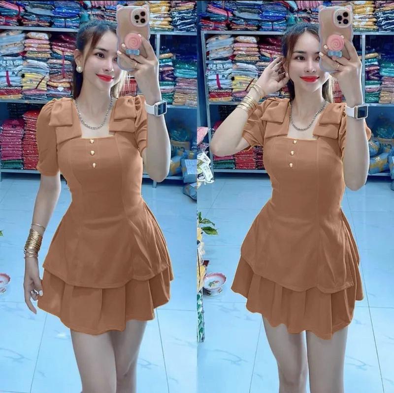 Product Introduction of Mã H10 Sét Bộ Đính Nơ Vai Quần Giả Váy Nữ 3