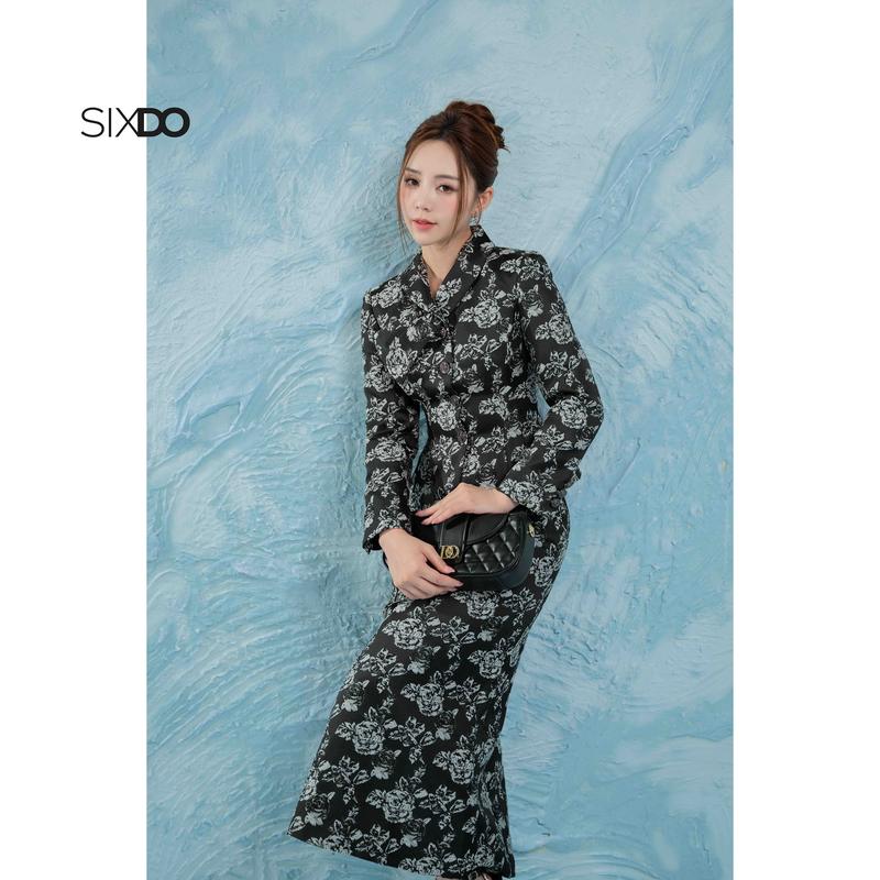 Chân váy gấm bút chì họa tiết hoa SIXDO Black Floral Brocade Pencil Skirt
