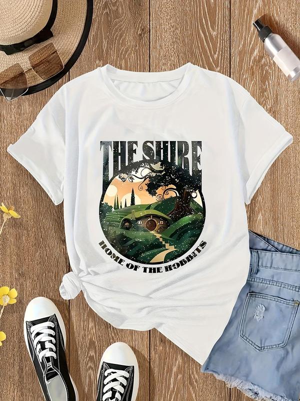Women's Cartoon Graphic Print Round Neck Tee, Fashion Casual Short Sleeve T-shirt for Daily Wear, Ladies Summer Clothes 1