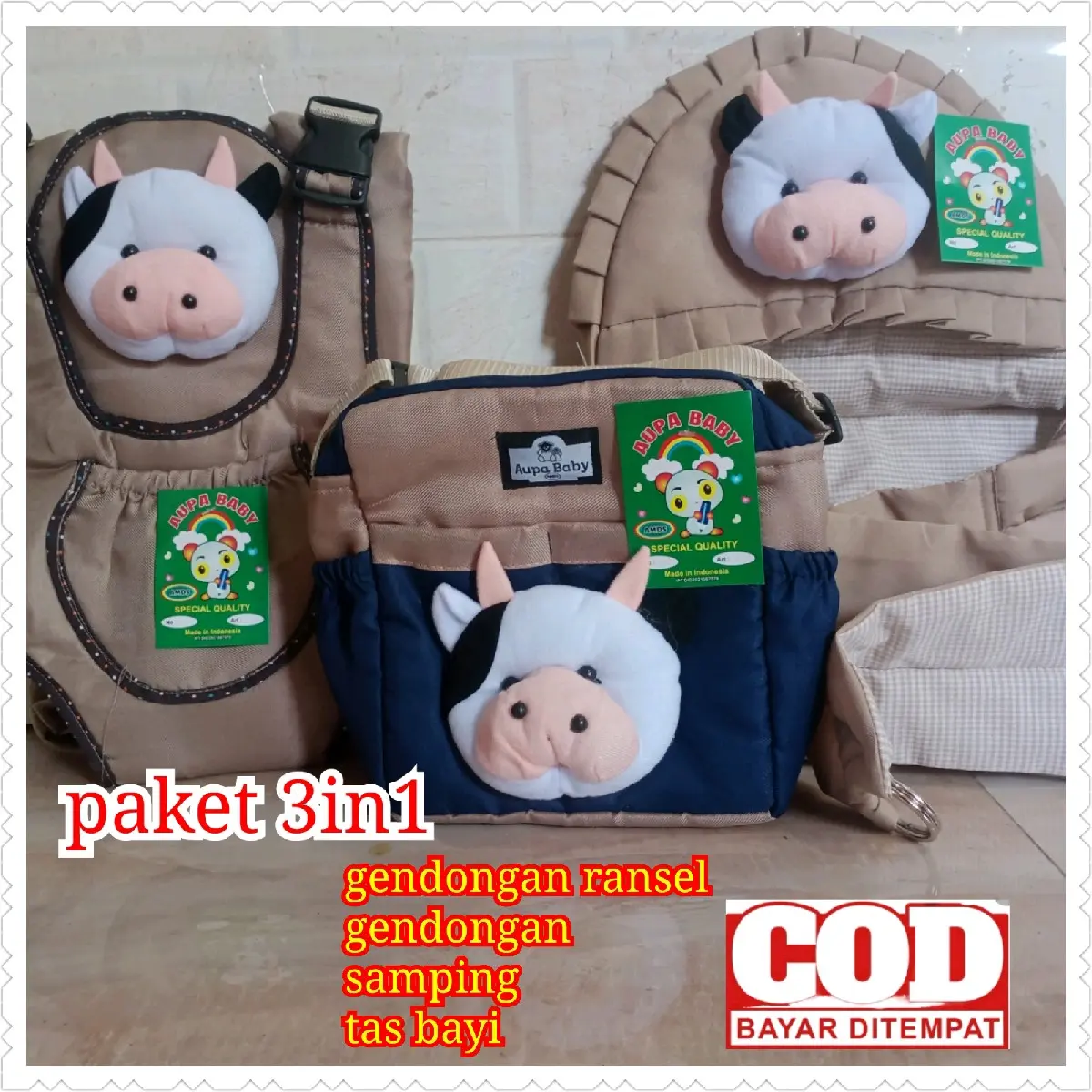 Paket 3in1 tas sapi gendongan multi dan gendongan samping boneka sapi