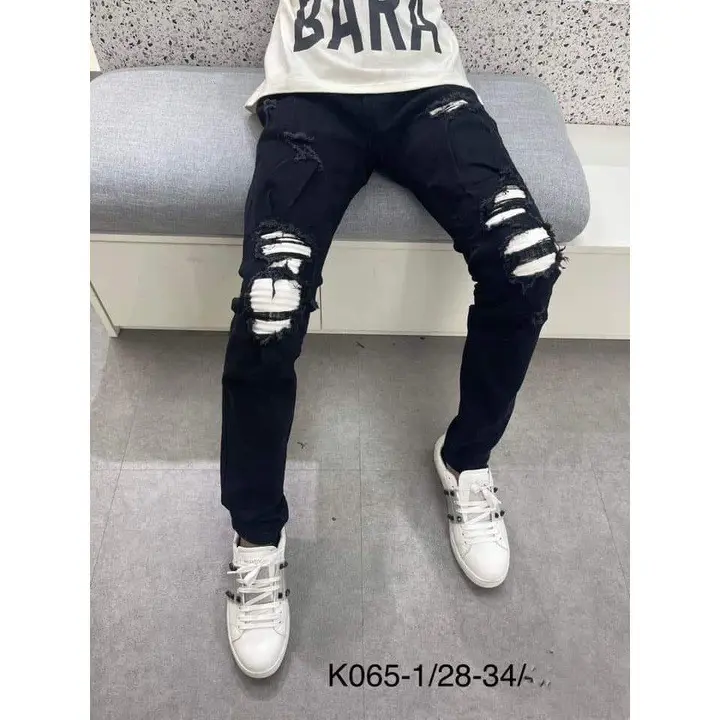 Shop men's beautiful and personality painted strap long black jeans jean pants soft thin section High stretch jeans 3