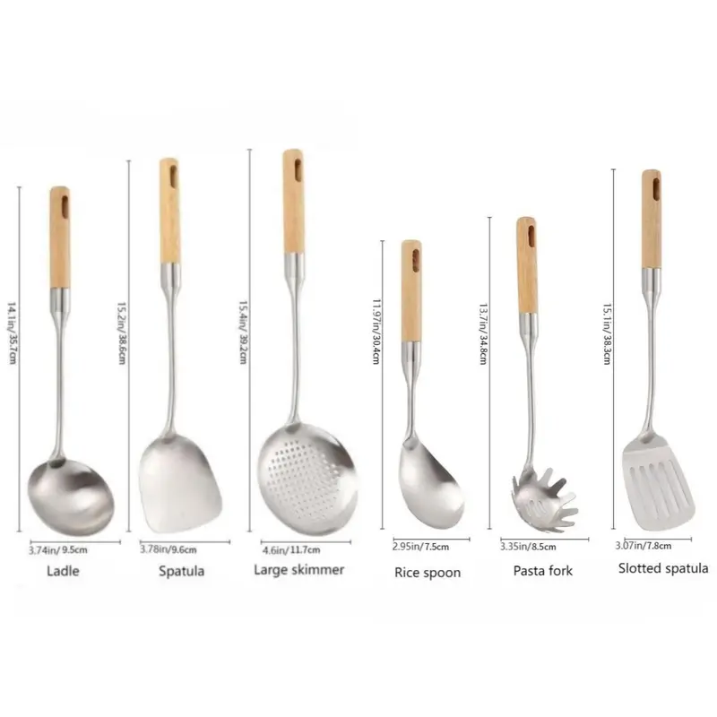 Stainless Steel Cooking Utensil Set with Wooden Handle, 6 Counts/set Including Ladle & Spatula & Large Skimmer & Rice Spoon & Pasta Fork & Slotted Spatula, Kitchen Utensils Set for Home Dining Room 1