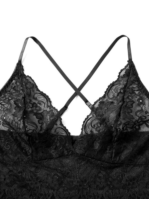 【Plus Size】 Contrast Lace Criss Cross Backless Cami Sexy Bodysuit Costumes, Solid Spaghetti Strap One-piece Sexy Costumes, Women's Sexy Lingerie for All Seasons, Naughty Lingerie 7