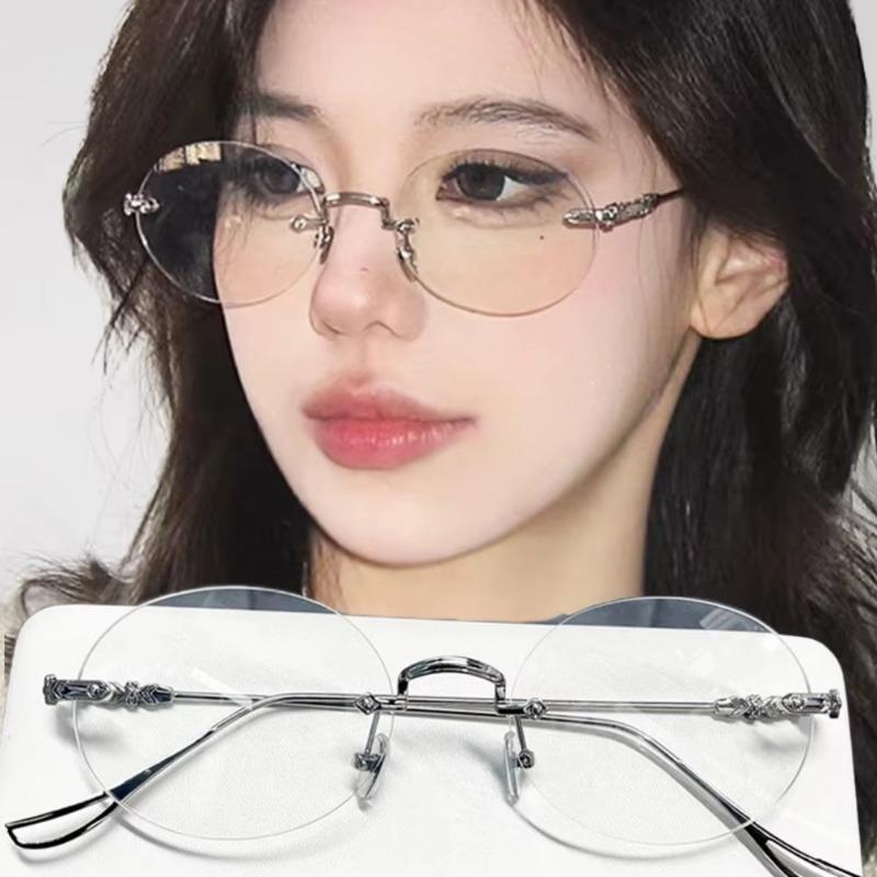 Oval Borderless Frame Glasses Women Retro Metal Frame Eyeglasses ...