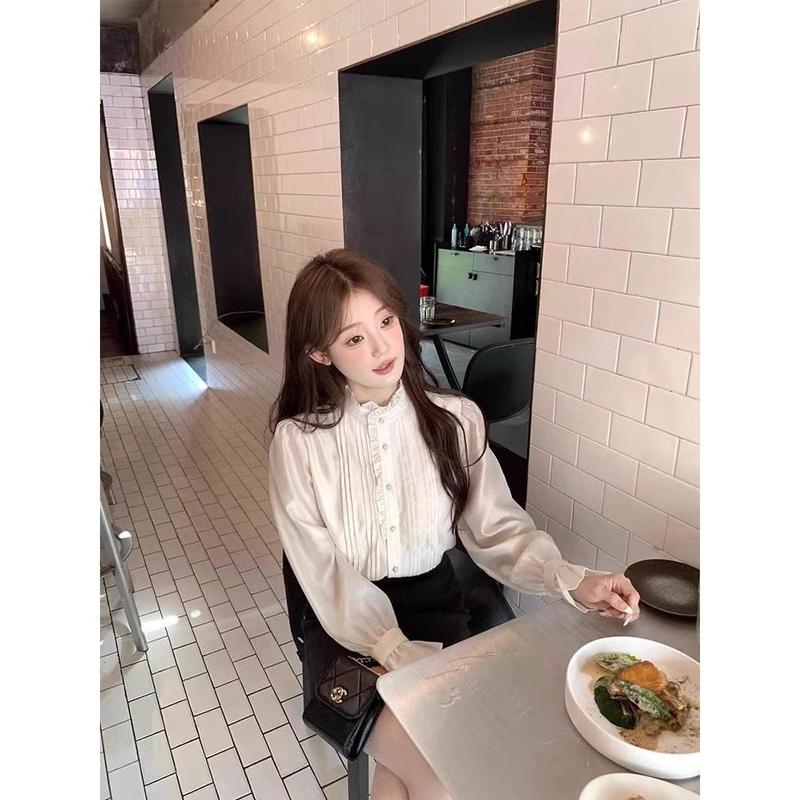 Áo Sơ Mi Phong Cách Cổ Điển Tinh Tế Kiểu Pháp, Cổ Đứng Và Tay Áo Ren Dài, Dành Cho Nữ, Thiết Kế Đặc Biệt, Chống Lão Hóa, Thanh Lịch, Màu Trắng, Thích Hợp Cho Mùa Thu, Phong Cách Hồng Kông, 2024 Top Women 3
