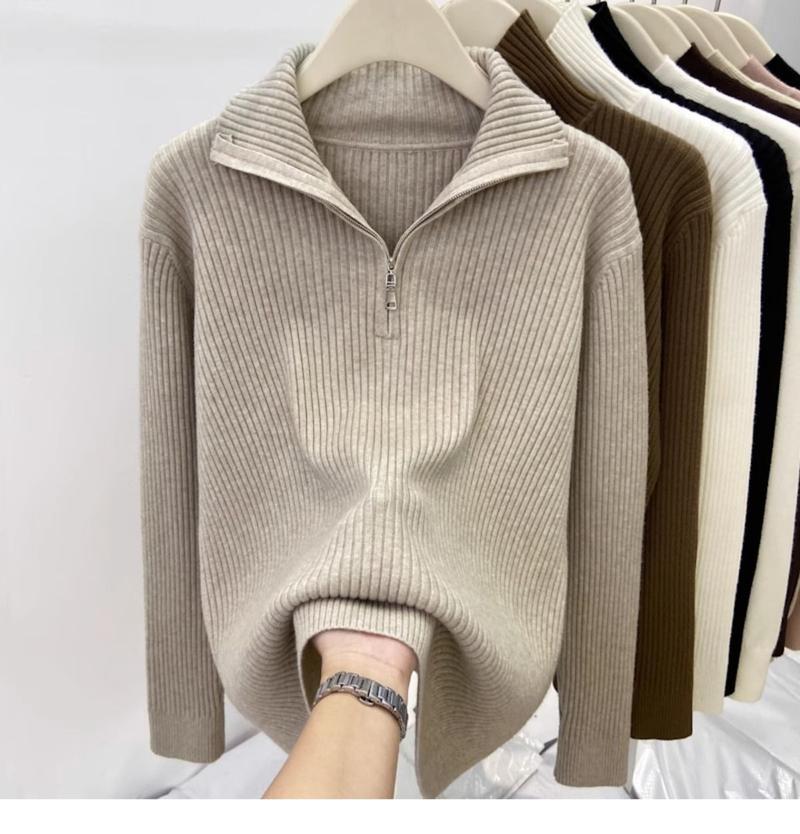 Product Introduction of 200 Wearable plus Size Polo Top Women's Autumn and Winter Half-High Collar Half-Open Zipper Sweater Loose Slimming Sweater Fashion 19
