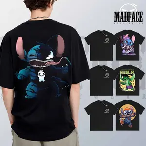 · MADFACE Clothing Little Monster Stitch Cartoon Letter Print Unisex Pure Cotton Oversized T-shirt