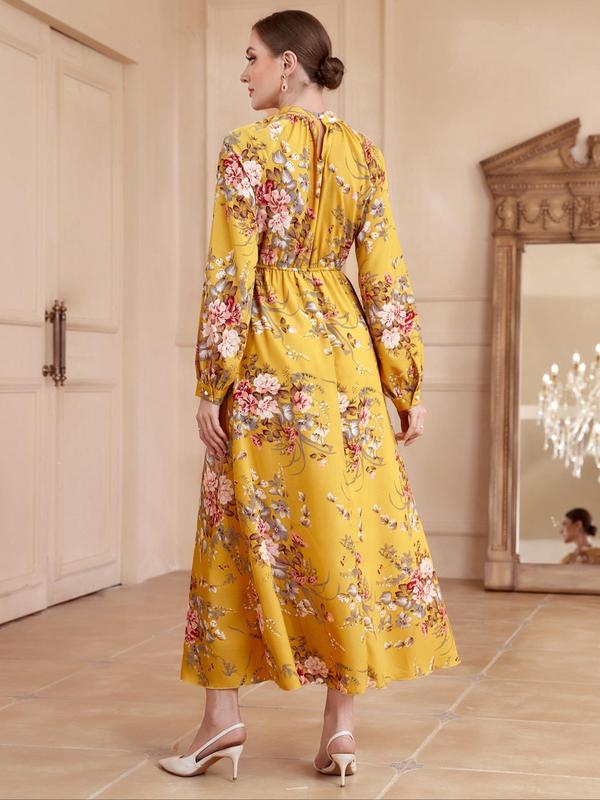 Women's Floral Print Bishop Long Sleeve Mock Neck A-line Long Dress, Boho Flared Dresses, Summer Outfits 2024, Lady's Spring & Autumn Clothes 7