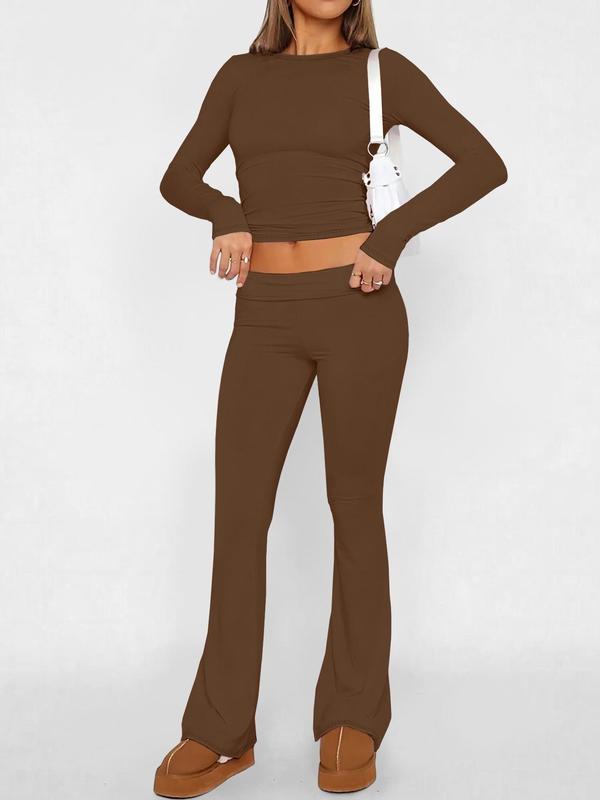 Two-piece Set Women's Solid Long Sleeve Crop Top & Flare Leg Pants, Casual Fashion Cozy Round Neck Top & Bell Bottom Trousers for Daily Outdoor Wear, Women's Lounge Clothing for Summer, Two Piece Set Women 3