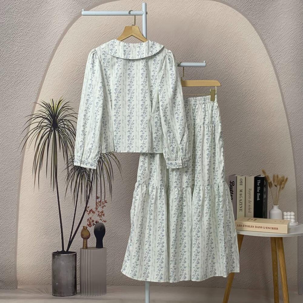 Asaya Rok kemeja lengan panjang leher awak setelan bunga