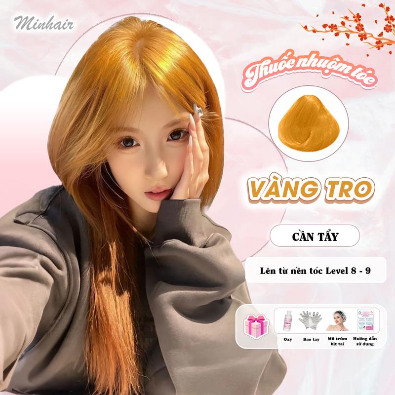 Thuốc nhuộm tóc Vàng Tro tặng kèm oxy trợ dưỡng và bao tay, bịt tai, trùm đầu, Minhair  Đổi Màu Tóc Nam Nữ Women Serum