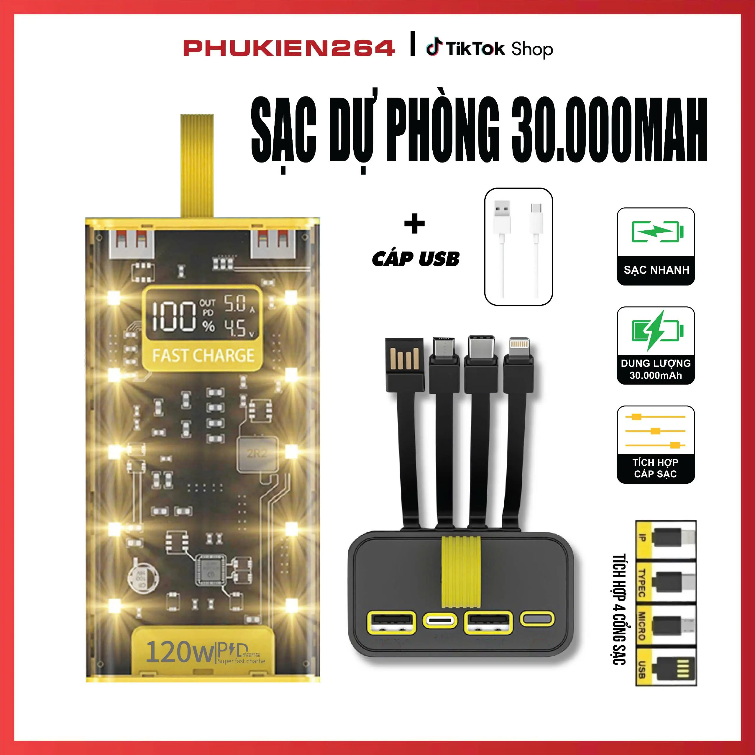 [Sạc Siêu Nhanh] Sạc Dự Phòng Power Bank 30000 Mah, 50000 Mah Và 20000 Mah , Sạc Nhanh Pd120W/20W, Nâng Cấp Đồng Hồ Hiển Thị %Pin, Hiệu Điện Thế U(V), Cường Độ Dòng Điện(Ampe) Có Đèn Ngủ, Thiết Kế Trong Suốt Lỗi 1 Đổi 1 Trong Vòng 30 Ngày