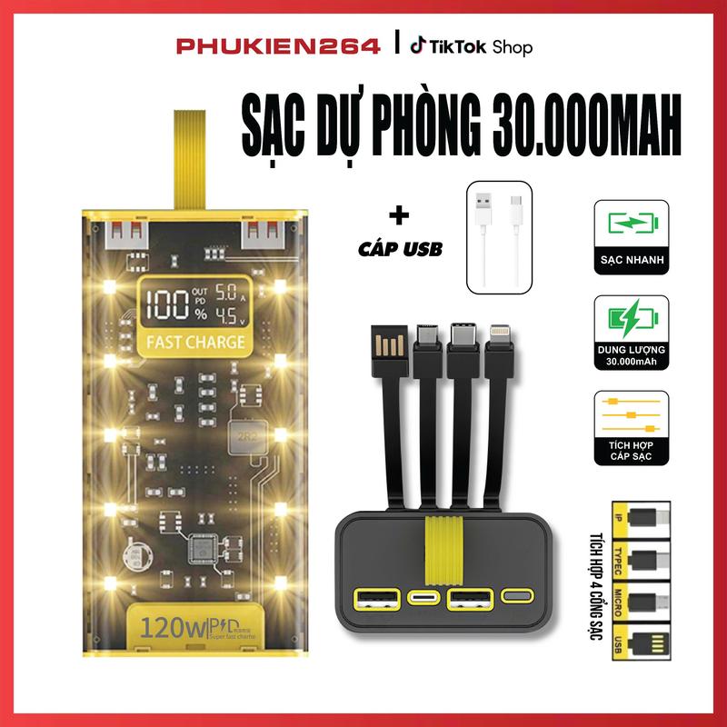 [Sạc siêu nhanh] Sạc Dự Phòng Power Bank 30000 mAh, 50000 mah và 20000 mAh , Sạc Nhanh PD120W/20W, Nâng cấp đồng hồ hiển thị %Pin, Hiệu điện Thế U(V), Cường độ dòng điện(Ampe) Có Đèn Ngủ, Thiết kế trong suốt lỗi 1 đổi 1 trong vòng 30 ngày