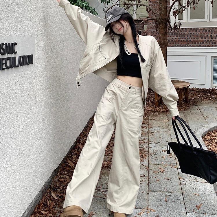 SET 2 món áo khoác Kaki phối quần suông màu Beige cực đẹp set thường