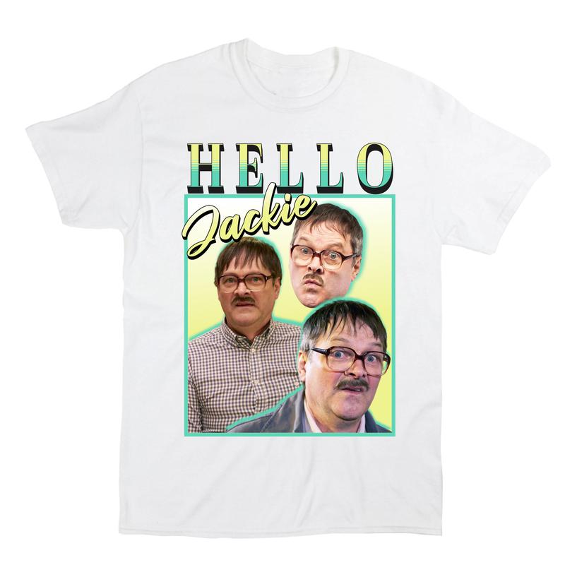 Hello Jackie, Jim Friday Night Dinner Homage Tee, Funny Meme T-shirt, Shalom, Jim and Wilson, Retro Vintage 90's Tee, Oversized Fit T-shirt 1