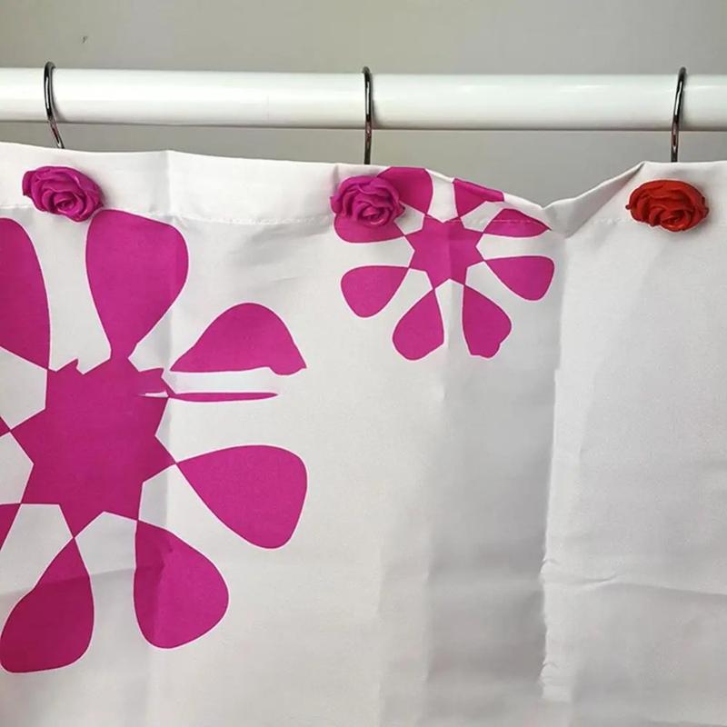 12Pcs Smooth Glide Rose Flower Design Shower Curtain Hook Free Sliding Decorative Hooks Shower Curtain Rings Rustproof Anti-Drop Shower Rod Ring Bathroom 6