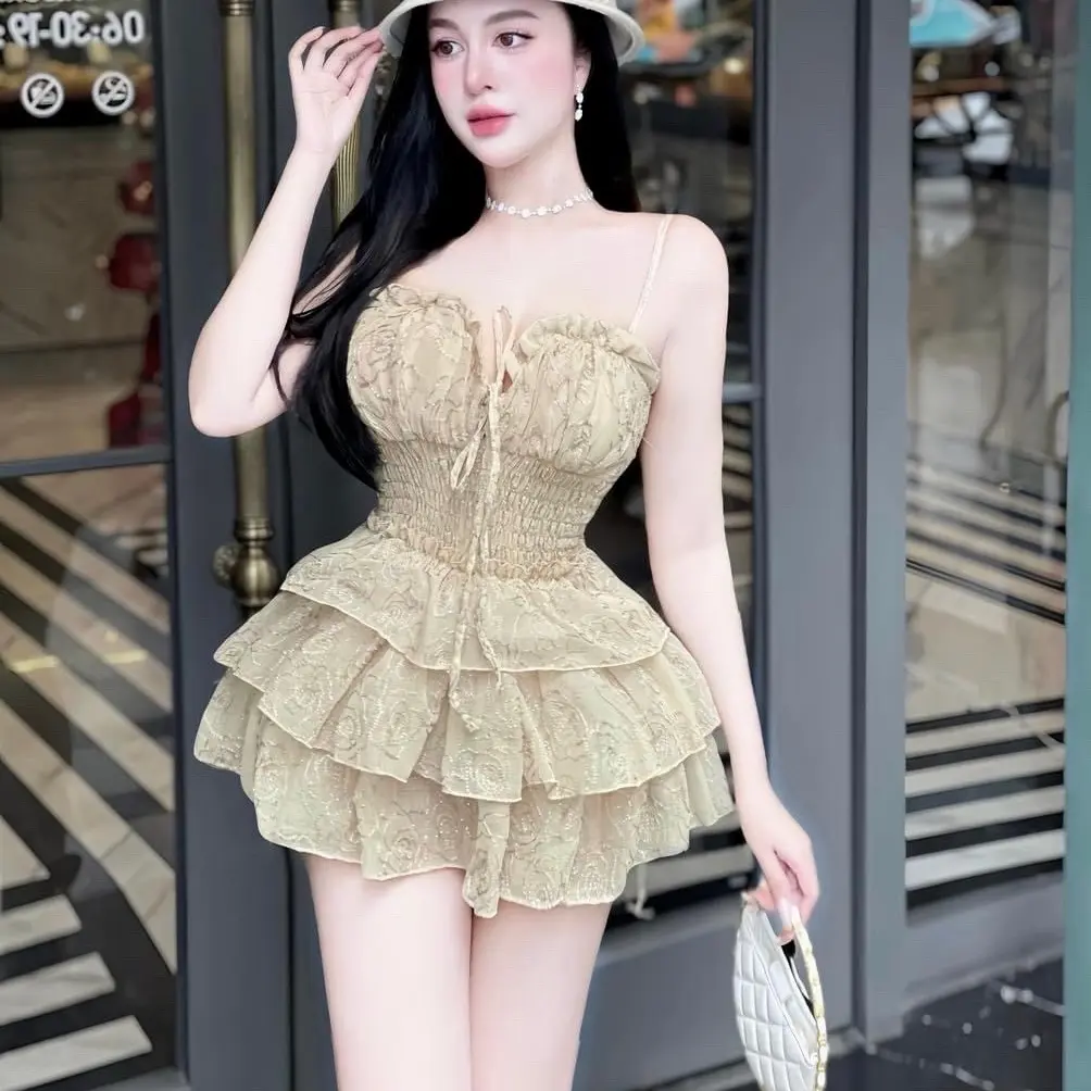 Đầm nữ mặc Tết dáng váy 3 tầng tơ thiêu Vân ánh kim hoa có mút ngực và quần lót đầy đủ - , Women Kem Sen Voi jolipoli dress
