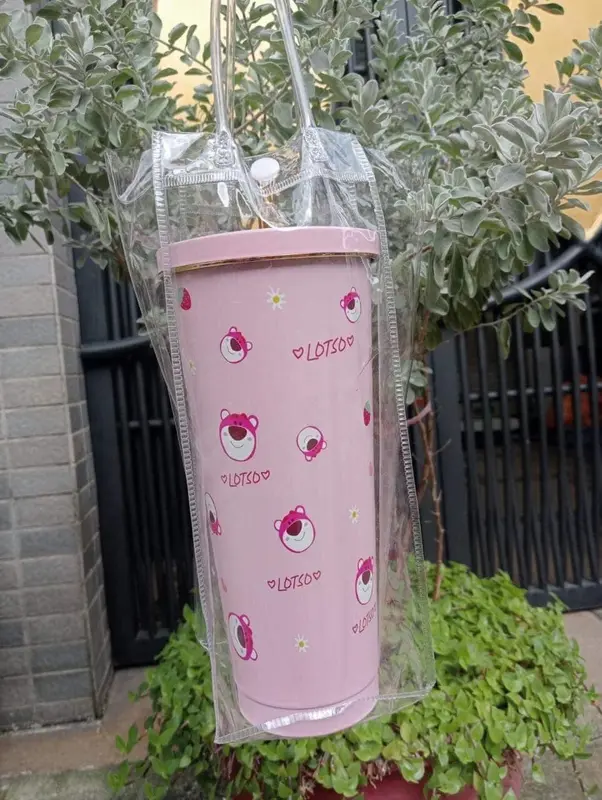 Cốc giữ nhiệt gấu dâu 750ml tặng kèm ống hút 1
