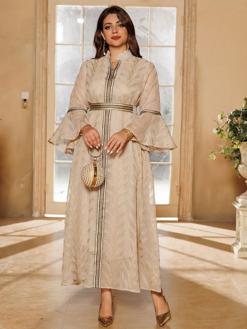 Product Introduction of Dubai Embroidery Abaya With Belt For Muslim Woman Notched Stand Collar Flare Sleeve Elegant Loose Moroccan Saudi Kaftan 4
