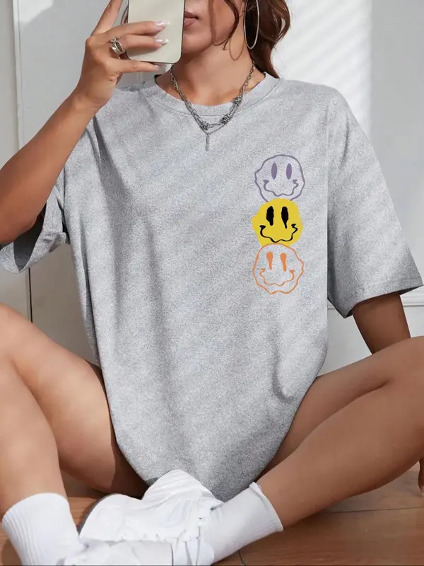Women's Cartoon Face Print Drop Shoulder Tee, Casual Half Sleeve Round Neck T-shirt for Daily Wear, Ladies Clothes for All Seasons 0