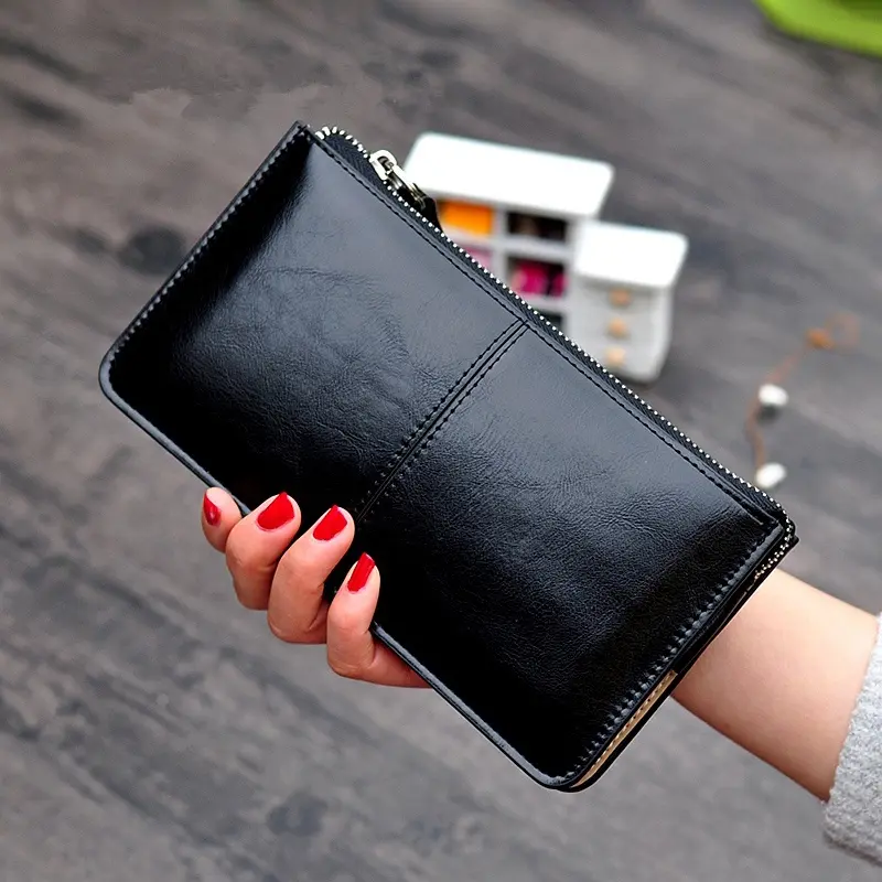 Dompet kulit lilin minyak wanita vintaj, kantung zip, dompet berkapasiti besar, Gelang tangan wanita ringkas, pemegang kad