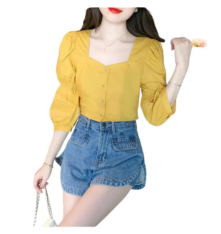 áo cổ vuông tay nhún cài nút Top Sơ Mi Nữ Women Shirt Vàng Xanh áo tingoan sơmi kiểutỷtỷ quầnshort tráitim áocroptop taydài