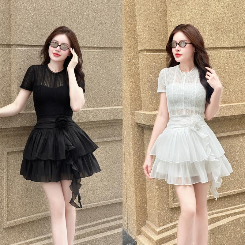[Kiều Linh]-Váy Dự Tiệc Thiết Kế KL108 chất liệu Ren phối chân Tơ óng vân kèm Hoa Women Dress Kem Voan