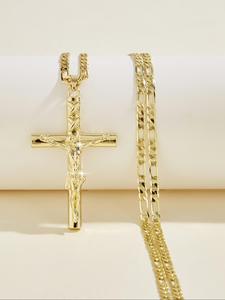 Collar con Colgante de Cruz de Jesús Hip Hop, Joyería de Latón Chapado en 14k para Hombre, Cadena de 24 Pulgadas para Regalo de Vacaciones