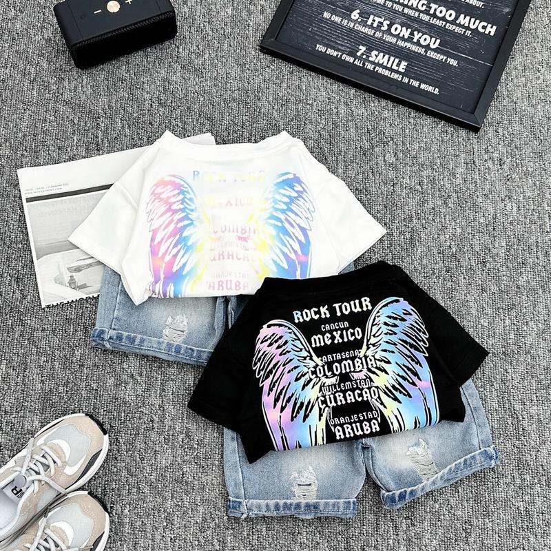 Bộ hè áo cotton co giãn in hình cánh đại bàng kèm quần jean rách mềm cho bé đi chơi đi học size 8-26kg