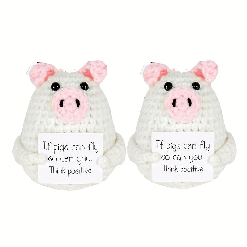 Product Introduction of Cute Piggy Design Crochet Kit, 2 Counts/set Funny Positive Handmade Knitted Crochet Toy, Mini Cute Knitting Doll Gifts with Encouraging Card 0