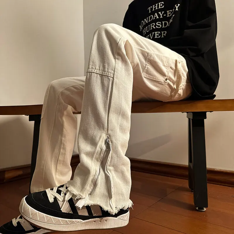 American High Street Cargo Jeans Men's Spring/Summer Niche Design Zipper Split Retro Straight Loose Bootcut Trousers Pants Streetwear Beige